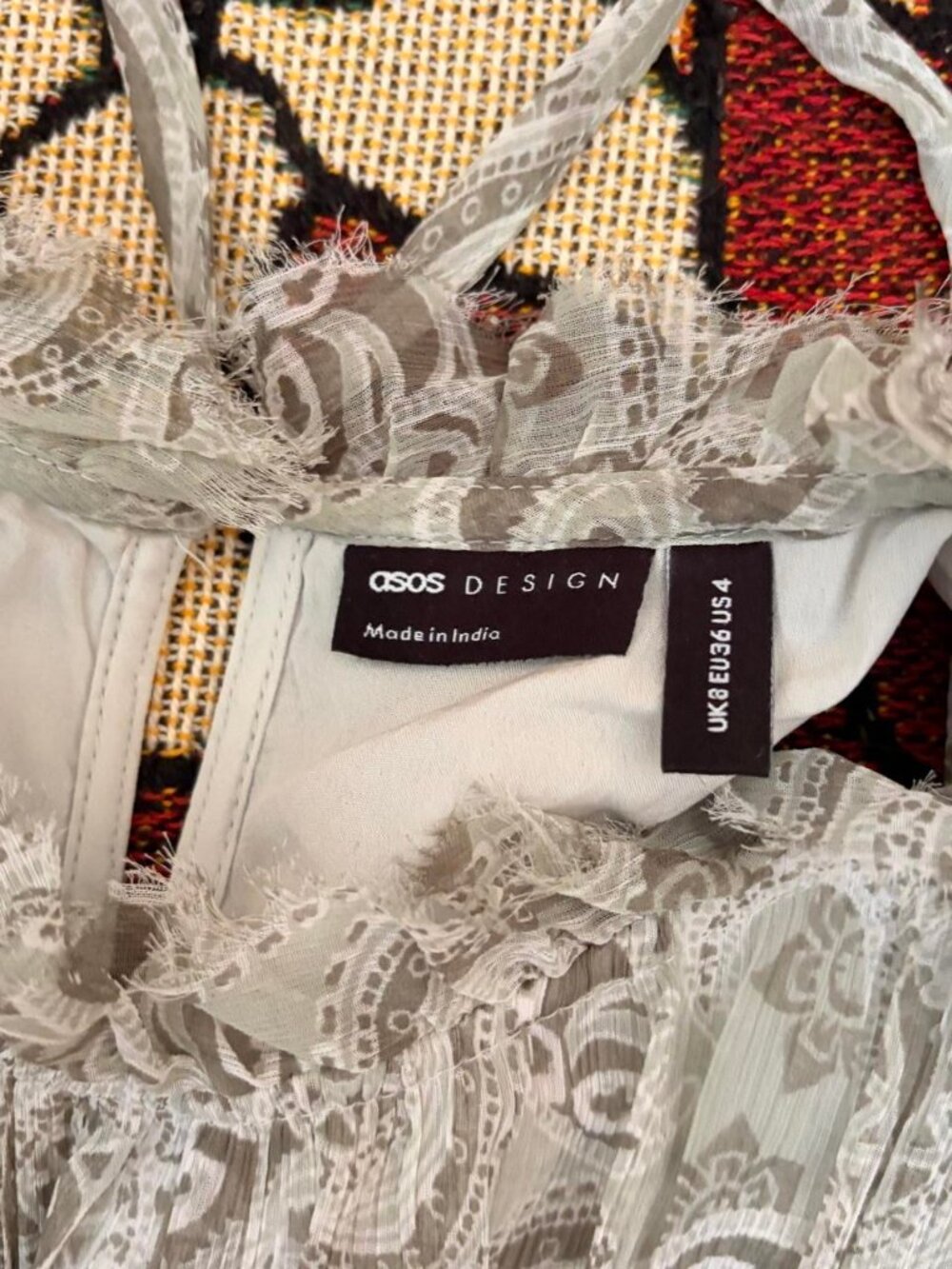Neutral Paisley Print Ruffle Dress ASOS Design US 4 - Picture 5 of 5